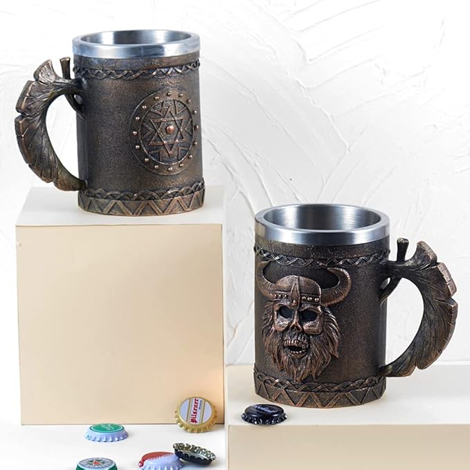 Arola Viking Axe Mug, Stainless Steel Horn Beer Cup, Viking Warrior Skull Cup Tankard, Drinking Cup Coffee Beer Steins,Medieval Skull Drinkware Mug for Coffee/Beverage/Juice17oz Gift for Men
