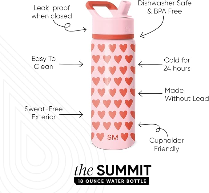 Simple Modern Kids Summit Water Bottle with Straw Lid | 18oz Stainless Steel Cup Insulated Tumbler for Girls, School | Sweetheart