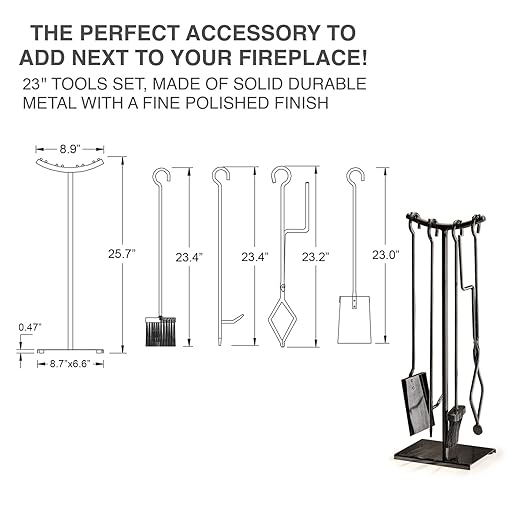 2WAYZ 5-Piece Fireplace Tools Set - Modern Glossy Finish Black Fireplace Accessories - Includes Tongs, Fire Poker, Shovel, and Brush - Powder-Coated Cast Iron Fire Pit Tools for Chimney - 25x9x2-Inch