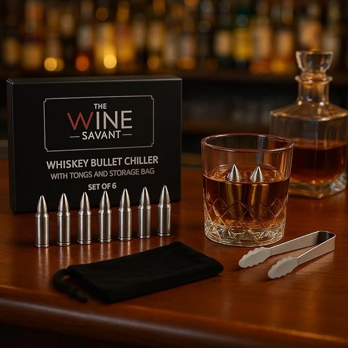 Bullet Whiskey Chillers Stones - Whiskey Rocks by The Wine Savant Set of 6 - Stainless Steel Bullet Shaped Ice Cubes, Gift Box Come, Tongs and Storage Bag, Whiskey or Scotch Rocks (Silver)