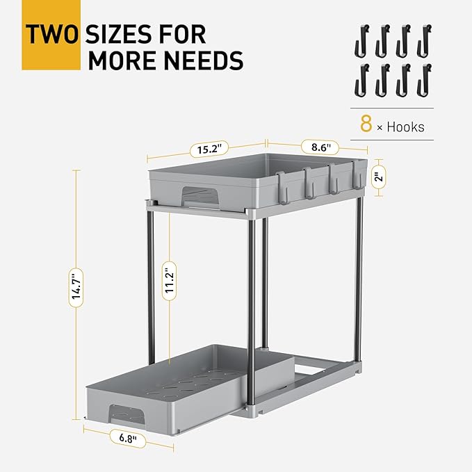 Delamu Under Sink Organizers and Storage, 2 Pack Pull Out Kitchen Bathroom Cabinet Organizer, 2 Tier Grey Under Sink Storage for Bathroom Kitchen