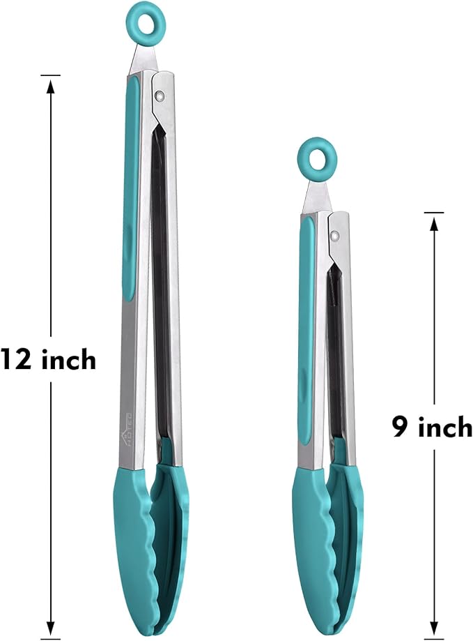 HOTEC Premium Stainless Steel Locking Kitchen Tongs with Silicon Tips, Set of 2-9" and 12", Blue