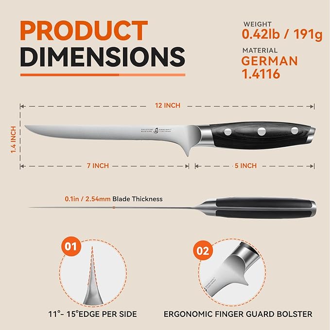 TUO Boning Knife, 7 inch Fillet Knife Flexible Kitchen Knife, German HC Steel Blade for Poultry and Fish Meat with Pakkawood Handle