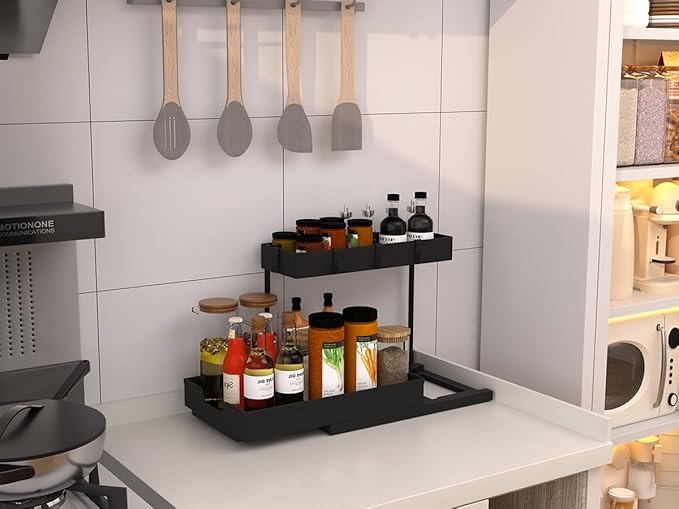 2 Pack Under Sink Organizer 2 Tier Sliding Cabinet Organizers Multi-Purpose Sink Storage Basket L-Shape Narrow Space Storage Shelves with 4 Hook for Kitchen Bathroom Drawer, Black