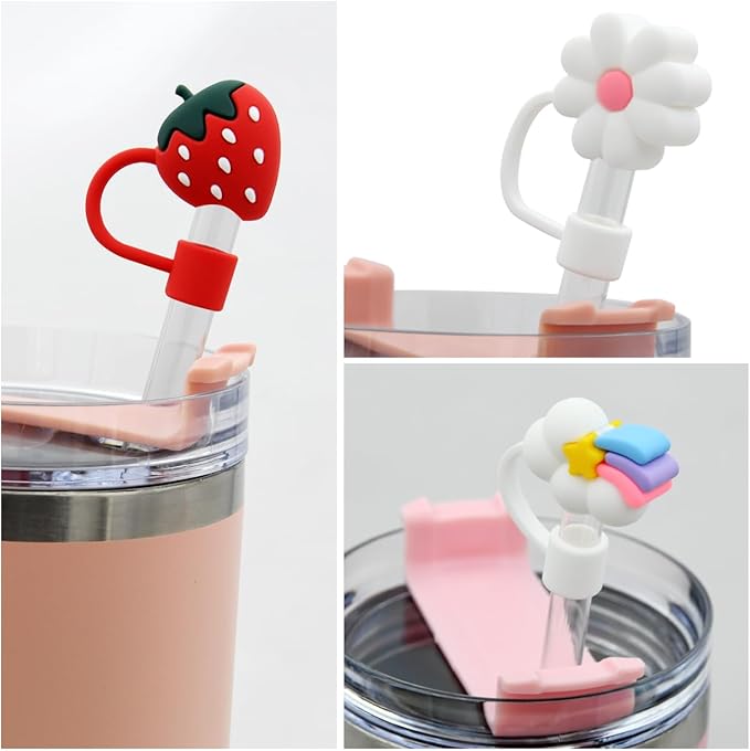 Flower Straw Cover Cap for Stanley Cup Silicone Straw Topper Compatible with 30 and 40 Oz Tumbler with Handle,Straw Tip Covers 10 mm 0.4 in for Straw Tip Covers (6pcs Rainbow Flower Strawberry)