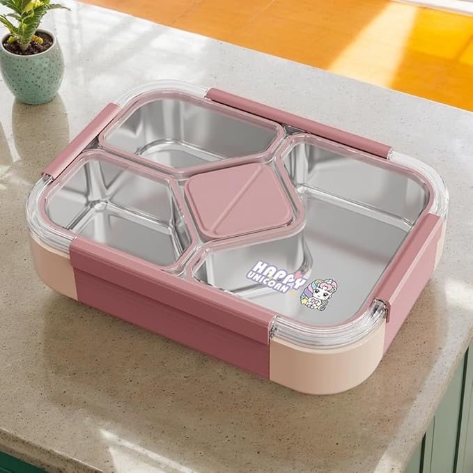 QIBONGS-Stainless Steel Tray Bento Lunch Box with Sauce Cup Drop-Proof, Leak-Proof 4 Compartments Container for Work, Travel, Dishwasher Safe, Made with Food-Safe Materials (Pink)