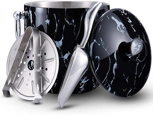 Ice Bucket with Lid, Scoop, Tongs and Strainer - Well Made Insulated Stainless Steel Keep Ice Frozen Longer - Ideal for Cocktail Bar, Parties, Chilling Wine, Champagne - 3 Liter (Black Marble)