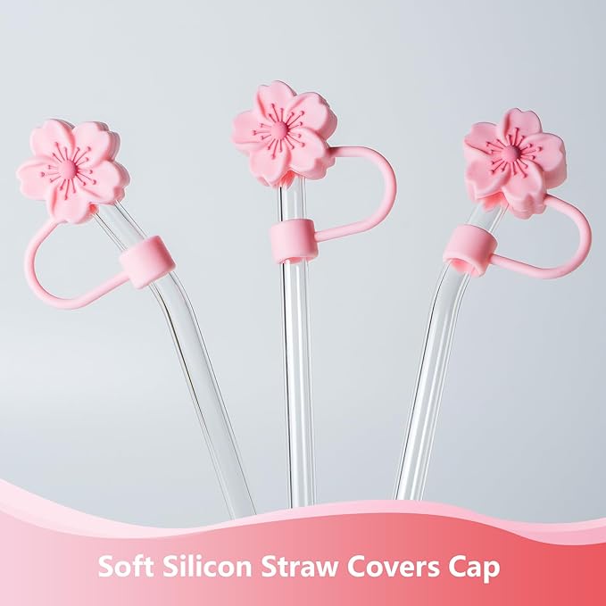 6Pcs Flowers Silicone Straw Cover Cap for Pink Stanley Cup, 0.4in Cute Straw Topper Accessories for 40 oz/30 oz Stanley Tumbler, Portable Protector Plugs Valentines Decor Gifts for Kids Party Favors