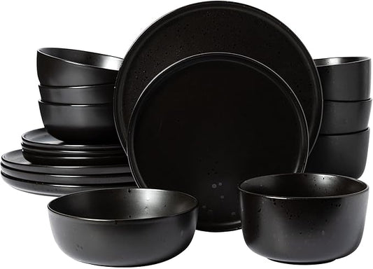 Gibson Elite James Street Stoneware Matte Reactive Double Bowl Dinnerware Set - Pepper Black, Service for 4 (16pcs)