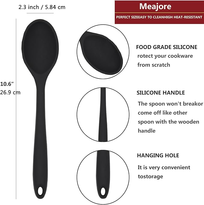 2 Pcs Silicone Spoons for Cooking Heat Resistant, Hygienic Design Cooking Utensi Mixing Spoons for Kitchen Cooking Baking Stirring Mixing Tools (Black and Red)