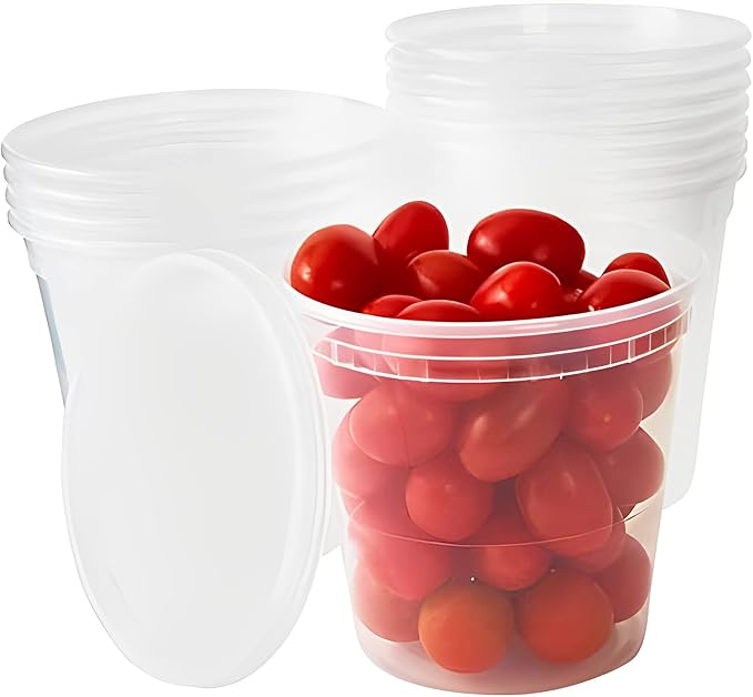 Deli-Grade BPA-Free 24oz Plastic Containers with Lids 12ct. Leakproof Microwavable Portion Container for To-Go Orders, Food Prep and Storage. Reusable Takeout Cups for Restaurant, Cafe and Catering.