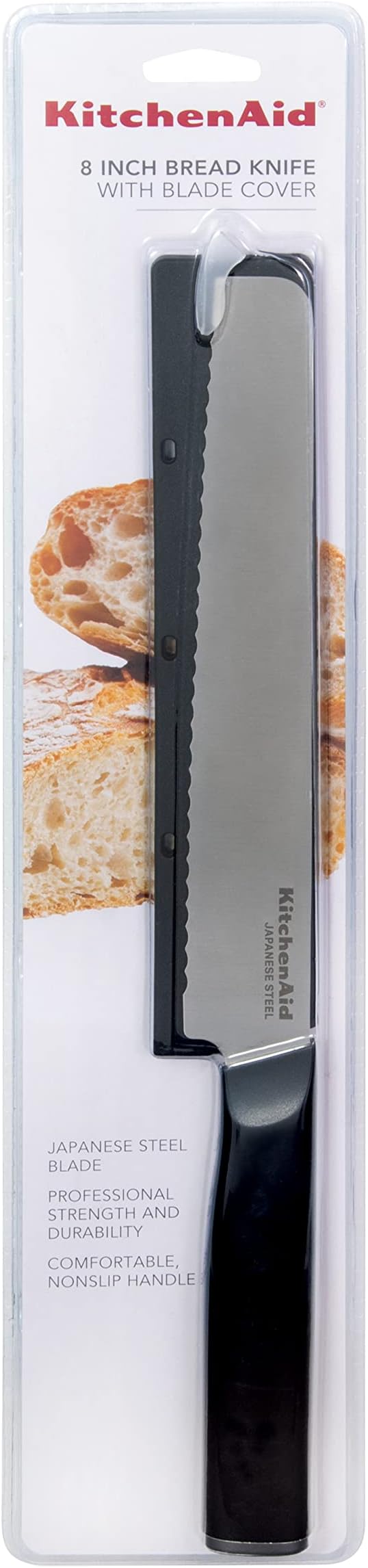 KitchenAid Classic Serrated Bread Knife with Custom-Fit Blade Cover, 8-inch, Sharp Kitchen Knife, High-Carbon Japanese Stainless Steel Blade, Black