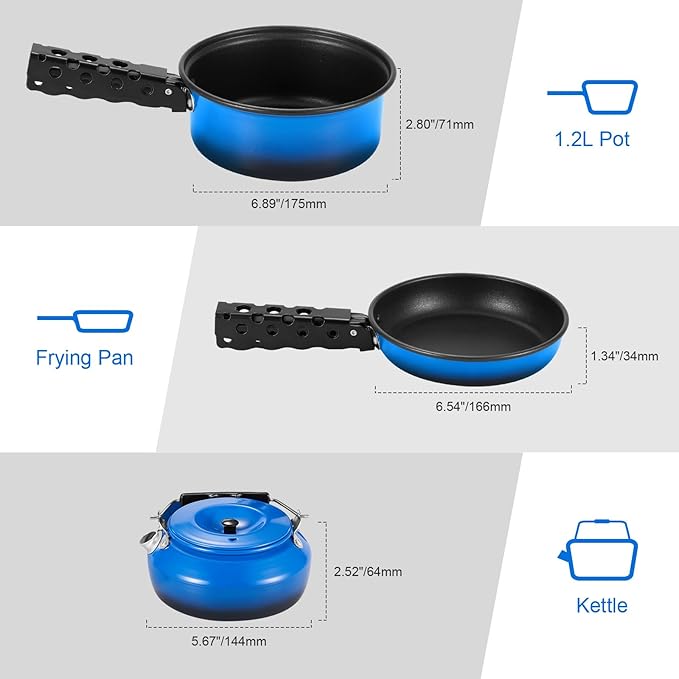 Odoland 5pcs Camping Cookware Non-Stick Camping Pot and Pan Set with Kettle and Removable Handle for Hiking Backpacking and Picnic