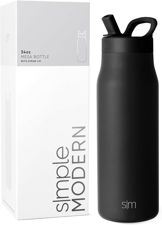 Simple Modern Water Bottle with Straw lid | Insulated Stainless Steel Thermos | Reusable Travel Water Bottles for Gym & Sports | Leak Proof & BPA Free | 34oz, Midnight Black