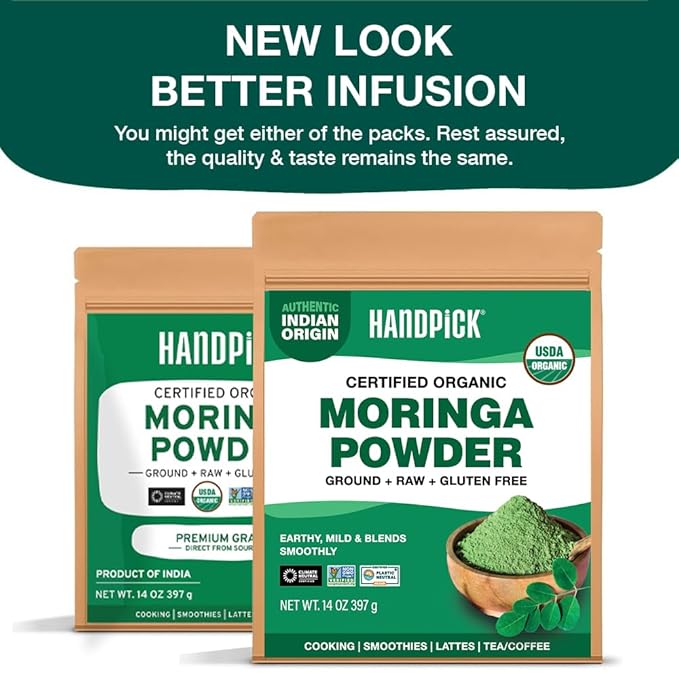 HANDPICK USDA Organic Moringa Powder (397g/14oz) Pure Moringa Oleifera Leaf Powder | Authentic Indian Origin | Gluten Free, Non-GMO | Perfect for Smoothies, Drinks, Tea & Recipes