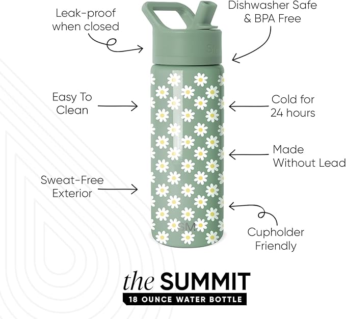 Simple Modern Kids Summit Water Bottle with Straw Lid | 18oz Stainless Steel Cup Insulated Tumbler for Toddlers, School | Sage Florals