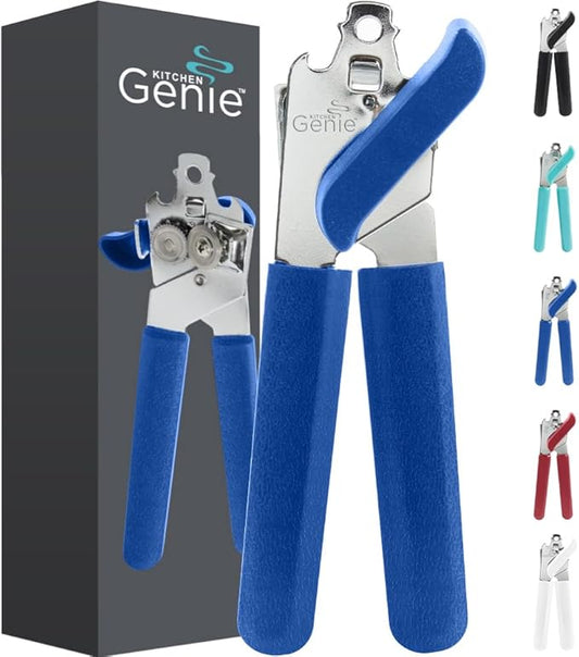 Kitchen Genie Slip Resistant Stainless Steel Manual Can Opener, Sharp Blade for Smooth Edge Cuts, Easily Open Cans, Ergonomic Handles with Easy to Turn Knob, Built-In Bottle Openers, Cobalt Blue