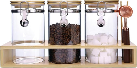 Glass Coffee Storage Containers with Bamboo Shelf,Ground Coffee Holder Jars,Airtight Glass Countertop Storage Jar Canisters with Spoon for Coffee,Loose Tea,40 Fluid-oz,Pack of 3