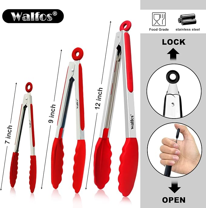 Walfos Kitchen Tongs - 7" 9" and 12" Heat Resistant Cooking Tongs, Stainless Steel and BPA Free Silicone Tips, Great for Cooking, Salad, Grilling, Turning, Dishwasher safe,set of 3