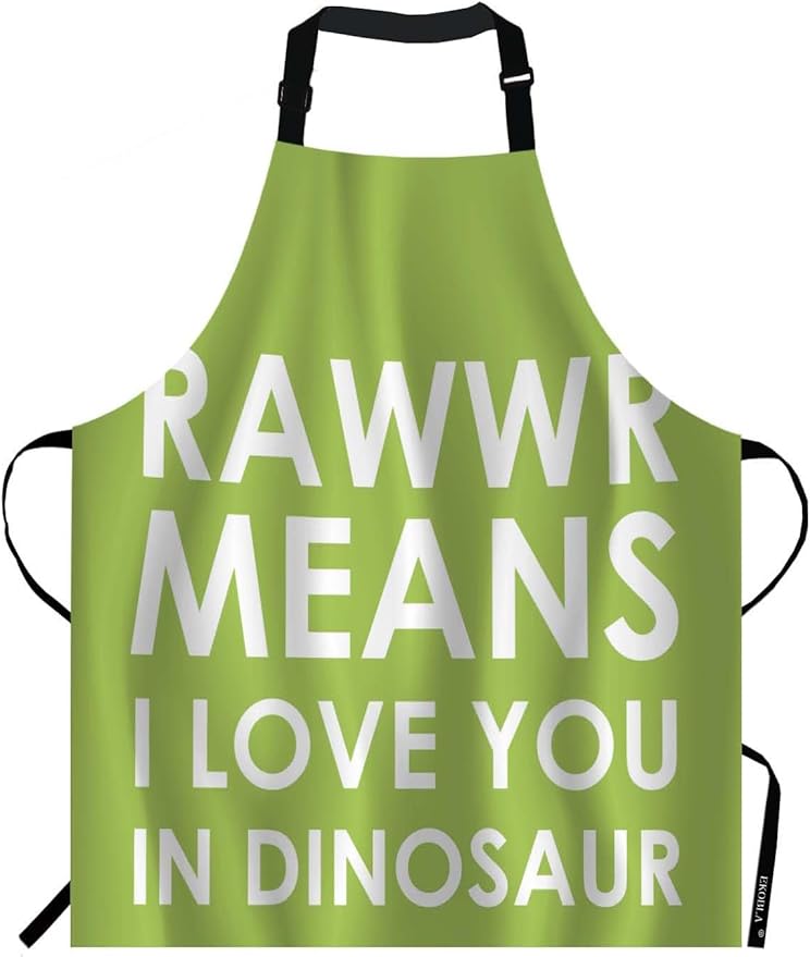 EKOBLA Rawwr Means I Love You In Dinosaur Aprons Funny Cute Phrase Green White Waterproof Resistant Chef Cooking Kitchen BBQ Adjustable Aprons for Women Men 27x31 Inch