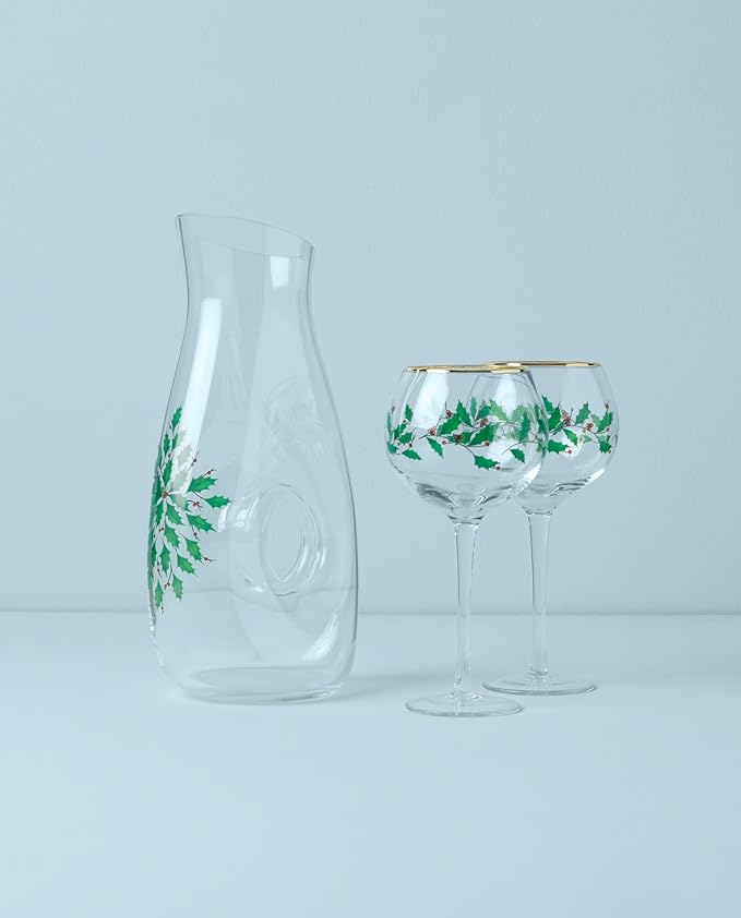 Lenox 895032 Holiday 3-Piece Decanter & Wine Glasses Set, Christmas Dinnerware, Hosting