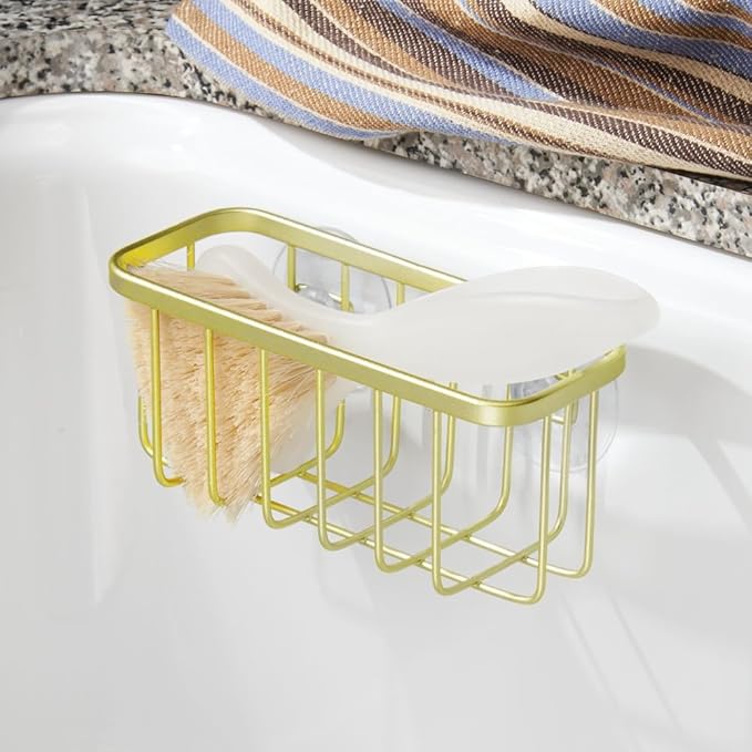 InterDesign Gia Suction Kitchen Sink Caddy, Sponge Holder for Kitchen Accessories - Gold/Brass