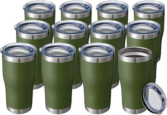 HASLE OUTFITTERS 20 oz Tumbler Bulk, Stainless Steel Tumblers with Lid, Vacuum Insulated Tumbler, Double Wall Powder Coated Cup, coffee mugs, Army Green, 12 Pack