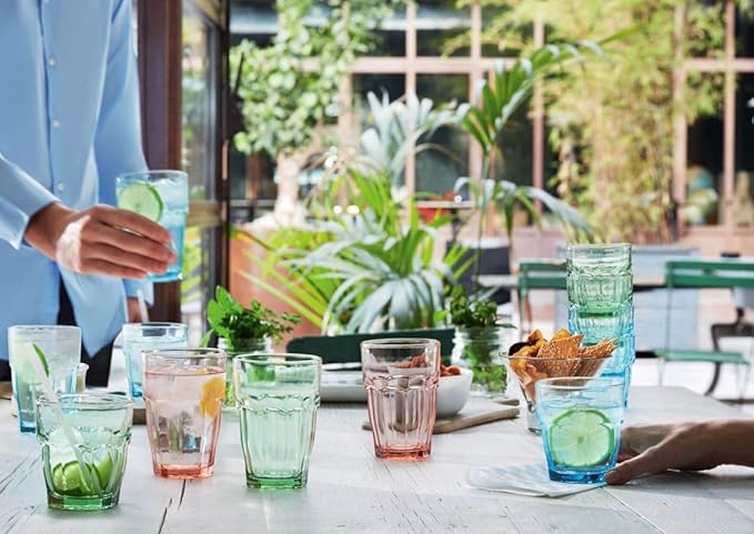 Bormioli Rocco Rock Bar 12.5 oz. Long Drink Stackable Tempered Beverage Glasses for Cold Drinks, Water, and Cocktails, Set of 6, Ice Blue (Pack of 4)