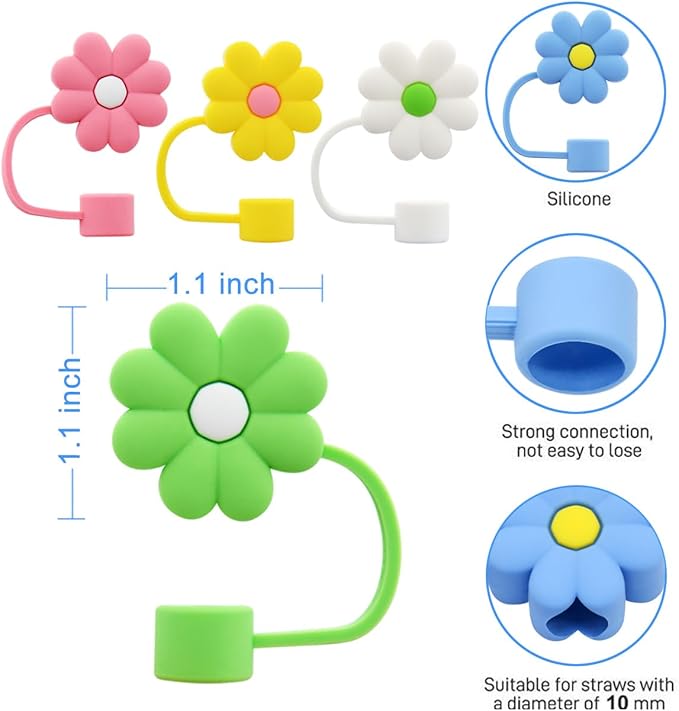 Flower Straw Cover Cap for Stanley Cup Silicone Straw Topper Compatible with 30 and 40 Oz Tumbler with Handle,Straw Tip Covers 10 mm 0.4 in for Straw Tip Covers (5Pcs-Flower-StrawCover)