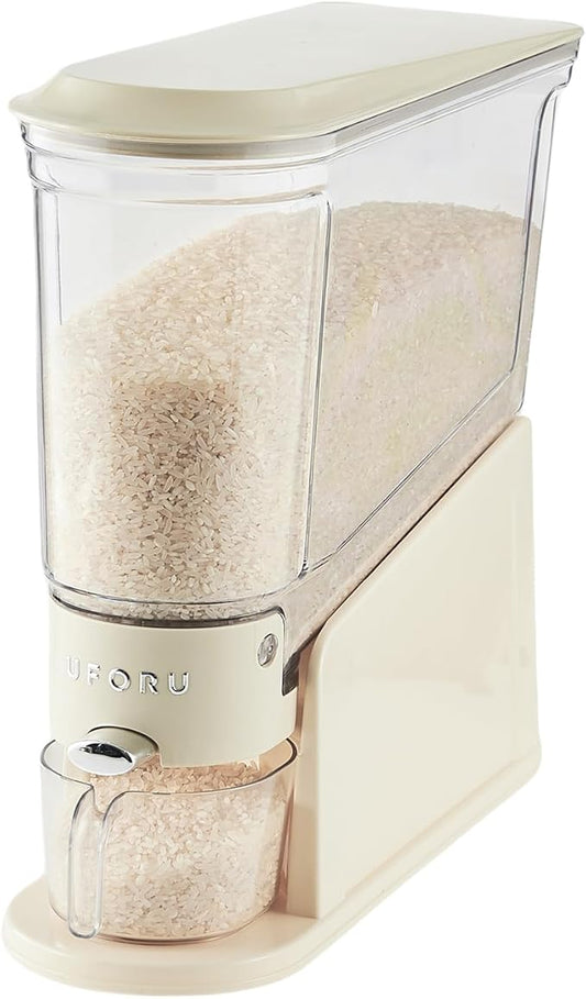 Rice Dispenser 11Lbs, Slim Rice Storage Container for Small Space, BPA-Free Clear Dry Food Dispenser Sealed Moisture Proof, Grain&Cereal Storage Bucket for Kitchen Pantry Household, Cream White