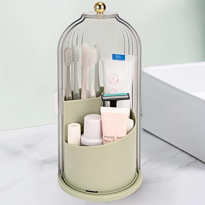 Toothbrush Holders with Sliding Lid, Rotating 3 Slots Bathroom Organizer Countertop, Tooth Brush Toothpaste Holder Bathroom Counter Stand Sink Organizer Caddy for Makeup Brushes Holder (Green)
