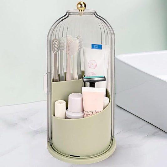 Toothbrush Holders with Sliding Lid, Rotating 3 Slots Bathroom Organizer Countertop, Tooth Brush Toothpaste Holder Bathroom Counter Stand Sink Organizer Caddy for Makeup Brushes Holder (Green)