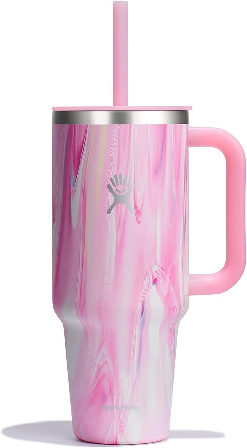 Hydro Flask Travel Tumbler with Handle, Lid and Straw - Insulated Stainless Steel in 40 Oz Jelly Pink