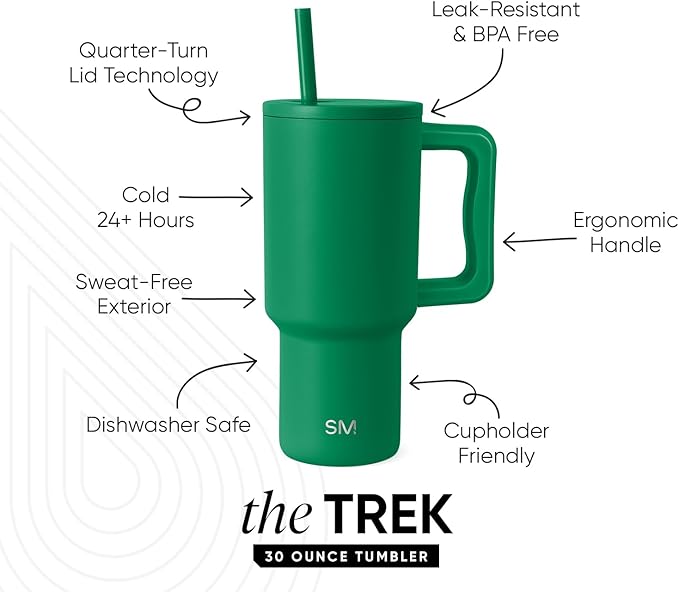 Simple Modern 30 oz Trek Tumbler with Handle and Straw Lid | Cup Holder Friendly Insulated Stainless Steel Travel Mug | Kelly Green