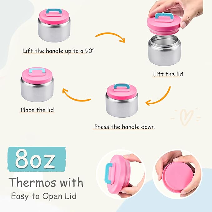 Bento Lunch Box for Kids with 8oz Soup Thermo Leak-Proof Lunch Food Containers with Snack Sauce Container for Kid Girls Boys to School,Pink