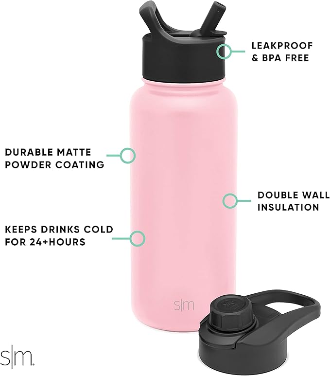 Simple Modern Water Bottle with Straw and Chug Lid Vacuum Insulated Stainless Steel Metal Thermos | Reusable Leak Proof BPA-Free Flask for Sports, Gym, Travel | Summit Collection | 32oz, Blush