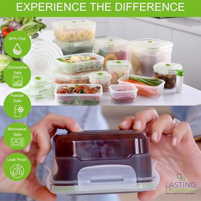 Lasting Freshness 11 piece Vacuum Seal Food Storage Containers with Vacuum Pump, Airtight and Leak Proof, Vacuum Sealed Food Storage Containers, Meal Prep Containers, Keep Food Fresh up to 5 X Longer