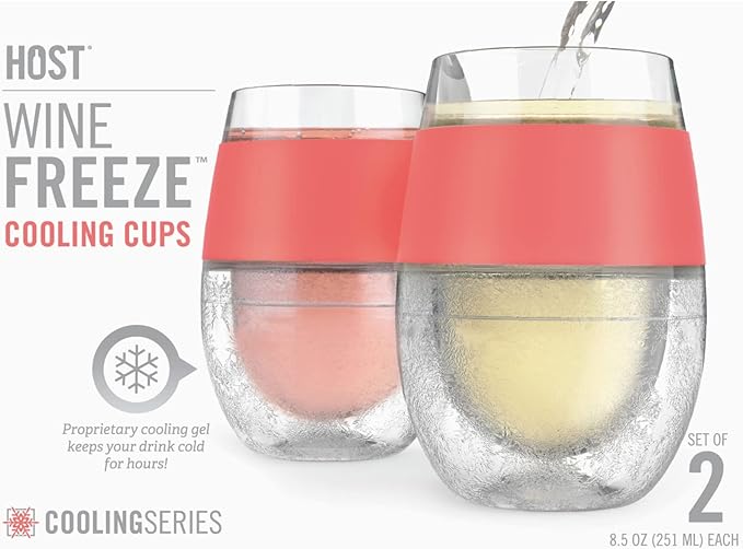 Host Wine Freeze Cup Set of 2 - Plastic Double Wall Insulated Wine Cooling Freezable Drink Vacuum Cup with Freezing Gel, Wine Glasses for Red and White Wine, 8.5 oz Coral