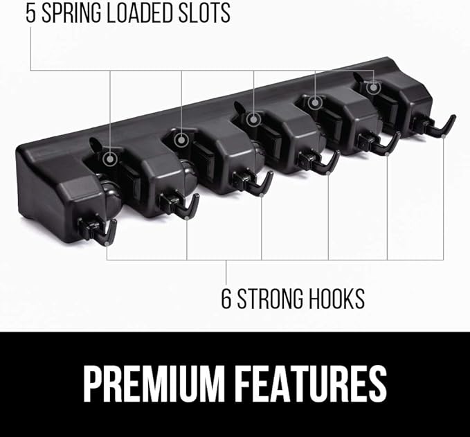 GORILLA GRIP Wall Mount Hook Fixture, Also Includes Slots to Hold Mop, Broom, Tools, Easy Install, Organize Cleaners, Tools, Home, Kitchen, Garage, 6 Hooks 5 Slots, Black