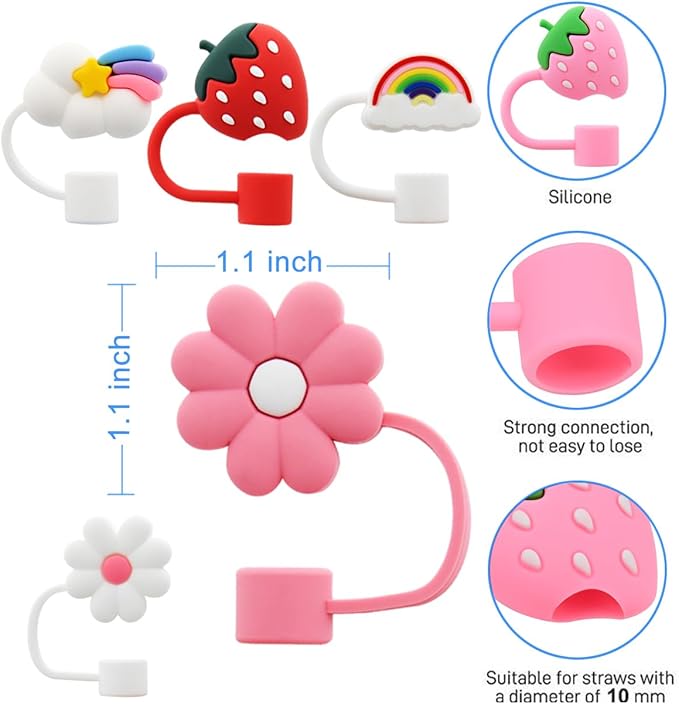 Flower Straw Cover Cap for Stanley Cup Silicone Straw Topper Compatible with 30 and 40 Oz Tumbler with Handle,Straw Tip Covers 10 mm 0.4 in for Straw Tip Covers (6pcs Rainbow Flower Strawberry)