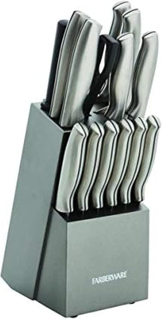Farberware 15-Piece Stamped Stainless Steel Knife Block Set, High-Carbon Stainless Steel Kitchen Knife Set with Ergonomic Handles, Razor-Sharp Knives with Wood Block, 15-Piece Set, Graphite