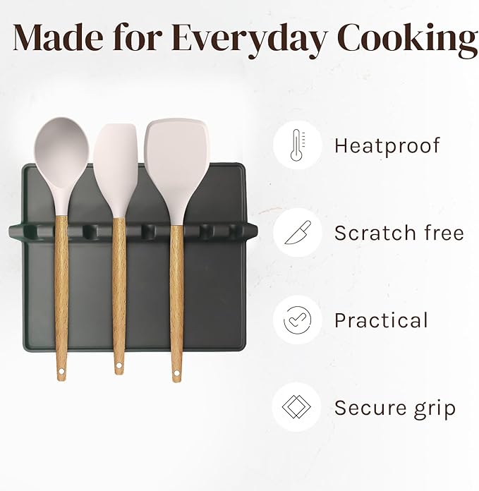 Black XL Silicone Spoon Rest for Stove Top with Drip Pad (1 Pack) - Heat-Resistant, BPA-Free Utensil Rest & Spoon Holder for Kitchen Counter - Grill Utensil Holder for Spatulas, Tongs, Ladles
