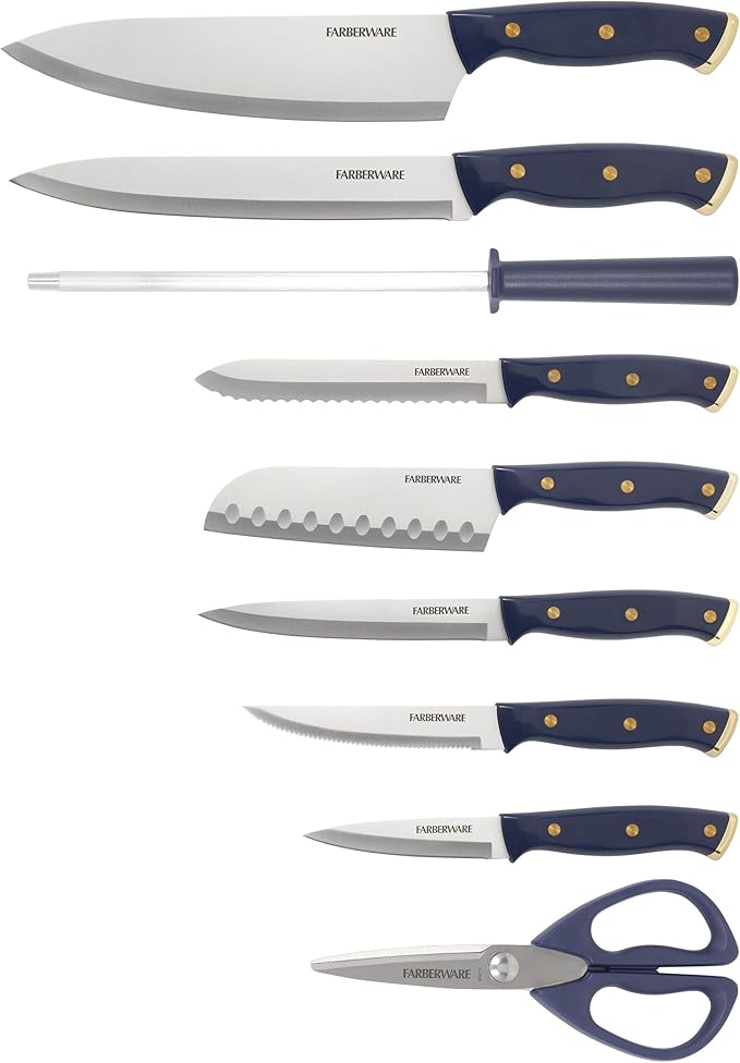 Farberware Triple Riveted Knife Block Set, 15-Piece, Navy and Gold, High-Carbon Stainless Steel Blades, Ergonomic Handles, Includes Wood Storage Block