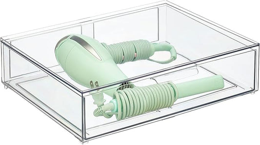 mDesign Wide Plastic Stackable Bathroom Storage Organizer Bin with Pull Out Drawer for Cabinet, Vanity, Shelf, Cupboard, Cabinet, Countertop, or Closet Organization - Lumiere Collection - Clear