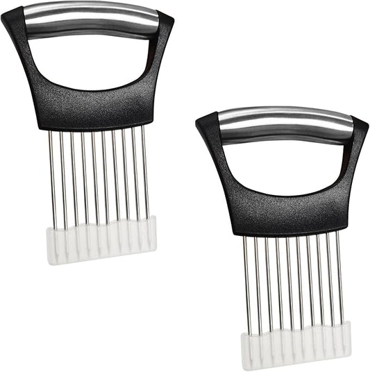 Stainless Steel Onion Slicer Holder – Multi-Purpose Kitchen Safety Tool for Onions|Potatoes|Tomatoes|Apples|Lemons Slicing, Ergonomic ABS Handle, Easy Clean, Uniform Slices, 2 PACK