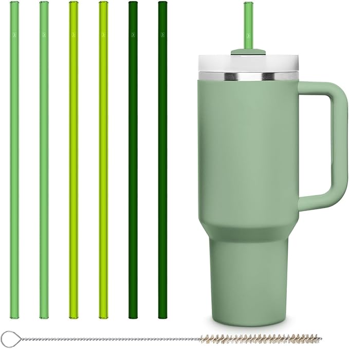 HALM Stanley Quencher Tumbler Glass Straws Green Reusable Replacement Straws for Tumbler with Handle Stainless Steel Drinking Cup Accessory BPA-Free & Dishwasher Safe
