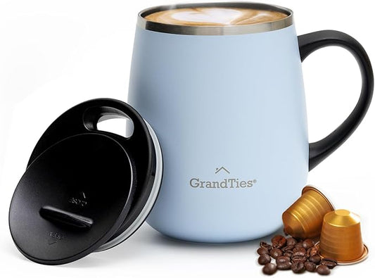 GRANDTIES Insulated Coffee Mug with Handle - Sliding Lid for Splash-Proof 16oz Wine-Glass Shape Thermal Tumbler with Double Walled Vacuum Stainless Steel to Keeps Beverages Hot or Cold-Glacier Lake