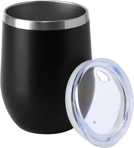 HASLE OUTFITTERS 12oz Wine Tumbler with Lid Stemless Wine Glasses Double Wall Vacuum Travel Mugs stainless steel Coffee Cup for Cold & Hot Drinks Wine Coffee Cocktails Beer (12oz-Black, 1 Pack)