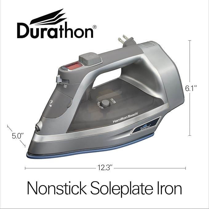 Hamilton Beach Steam Iron & Vertical Steamer for Clothes with Scratch-Resistant Durathon Soleplate, Digital Temperature Control, 8’ Retractable Cord, 3-Way Auto Shutoff, Anti-Drip, 1700 Watts, Silver