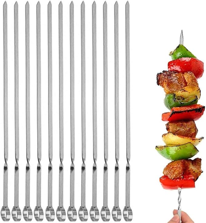 12PCS Kabob Skewers Flat Metal Stainless Steel BBQ Barbecue Skewer 16" Anti-Roll Heavy Duty Shish Kebob Sticks Wide Reusable Grilling Skewers Set for Meat Shrimp Chicken Vegetable Kebab Fork Sausage…